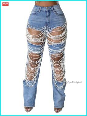 Ripped High Waisted Pearl Chain Baggy Wide Leg Jeans